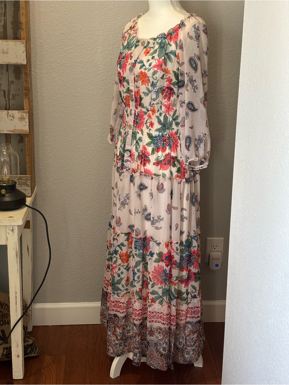 fig and flower White Floral Maxi Dress with Blue & Orange Accents - Picture 2 of 13